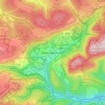 Mappa topografica Elkeringhausen, altitudine, rilievo