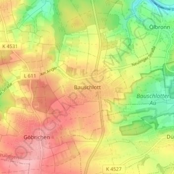 Mappa topografica Bauschlott, altitudine, rilievo