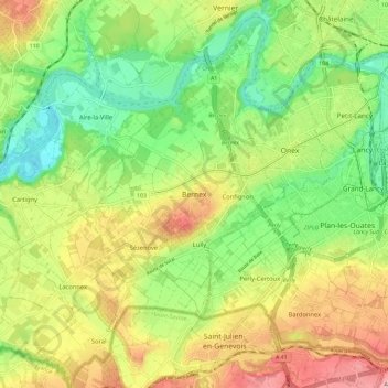 Mappa topografica Bernex, altitudine, rilievo