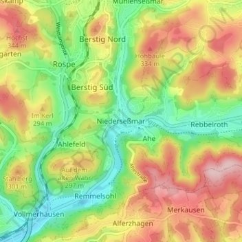 Mappa topografica Niederseßmar, altitudine, rilievo