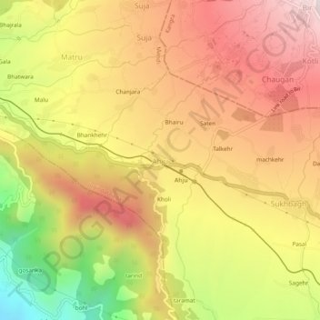 Mappa topografica Ahju, altitudine, rilievo