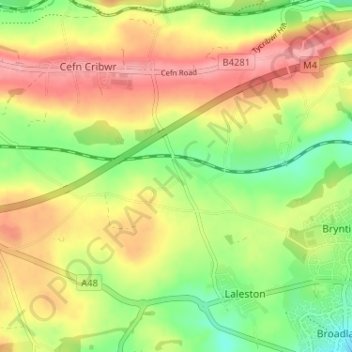 Mappa topografica Llangewydd, altitudine, rilievo