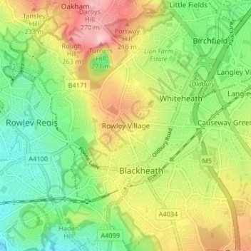 Mappa topografica Rowley Village, altitudine, rilievo
