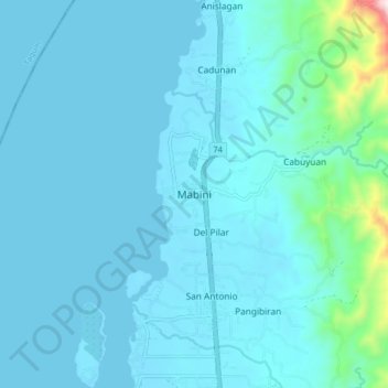 Mappa topografica Mabini, altitudine, rilievo