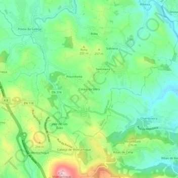 Mappa topografica Casais da Serra, altitudine, rilievo