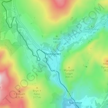Mappa topografica Beddgelert, altitudine, rilievo