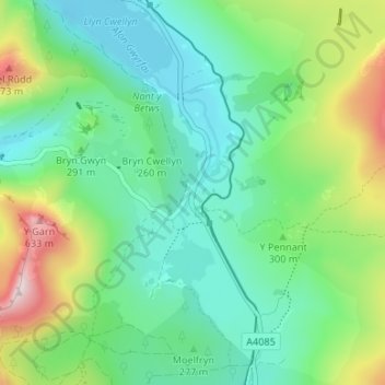 Mappa topografica Rhyd-ddu, altitudine, rilievo