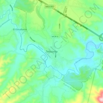 Mappa topografica Tehuixtla, altitudine, rilievo