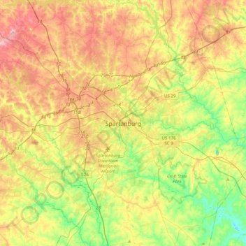 Mappa topografica Spartanburg, altitudine, rilievo