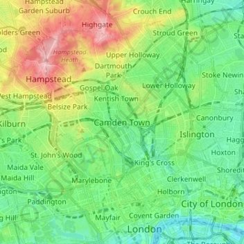 Mappa topografica Camden Town, altitudine, rilievo
