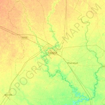 Mappa topografica Sitapur, altitudine, rilievo