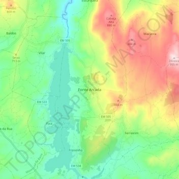 Mappa topografica Fonte Arcada, altitudine, rilievo