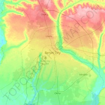 Mappa topografica Benin City, altitudine, rilievo
