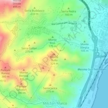 Mappa topografica Monte Gallo, altitudine, rilievo
