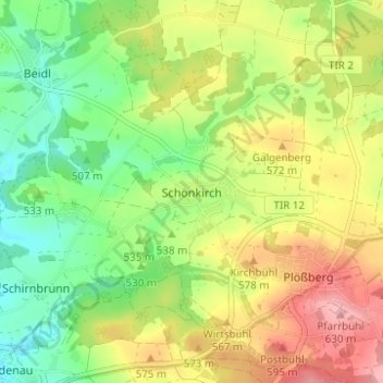 Mappa topografica Schönkirch, altitudine, rilievo