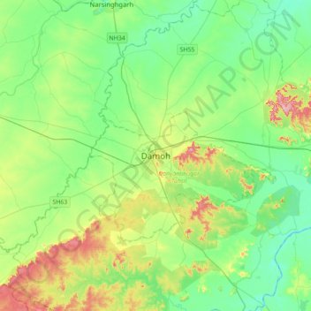 Mappa topografica Damoh, altitudine, rilievo