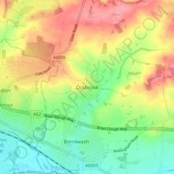 Mappa topografica Ockbrook, altitudine, rilievo