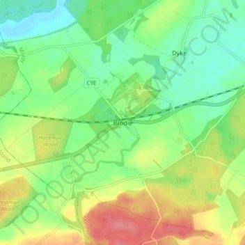 Mappa topografica Brodie, altitudine, rilievo