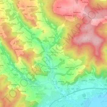 Mappa topografica Kirchberg am Inn, altitudine, rilievo