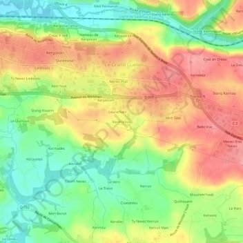 Mappa topografica Kerdroniou, altitudine, rilievo