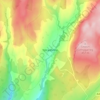 Mappa topografica Ystradfellte, altitudine, rilievo