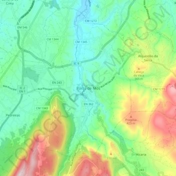 Mappa topografica Porto de Mós, altitudine, rilievo