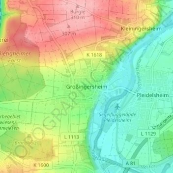 Mappa topografica Großingersheim, altitudine, rilievo