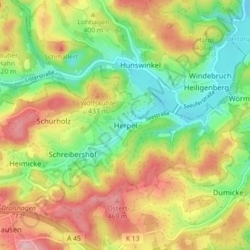 Mappa topografica Herpel, altitudine, rilievo