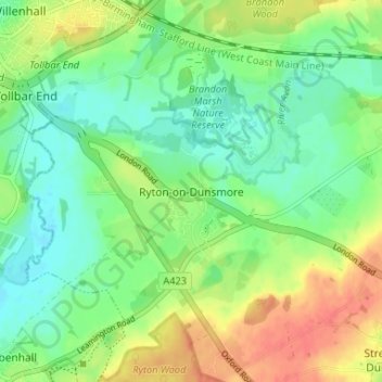 Mappa topografica Ryton-on-Dunsmore, altitudine, rilievo