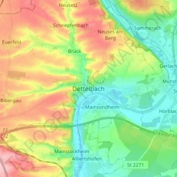 Mappa topografica Dettelbach, altitudine, rilievo