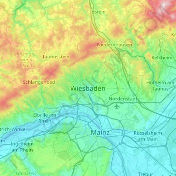 Mappa topografica Wiesbaden, altitudine, rilievo