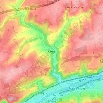 Mappa topografica Awirs, altitudine, rilievo
