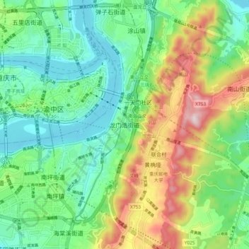 Mappa topografica 龙门浩街道, altitudine, rilievo