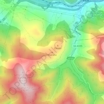 Mappa topografica Ibaneta, altitudine, rilievo