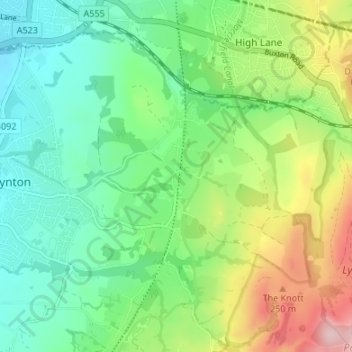 Mappa topografica Higher Poynton, altitudine, rilievo