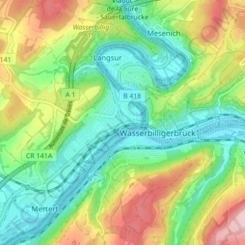 Mappa topografica Wasserbillig, altitudine, rilievo