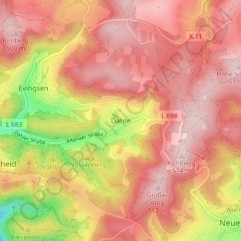 Mappa topografica Dahle, altitudine, rilievo