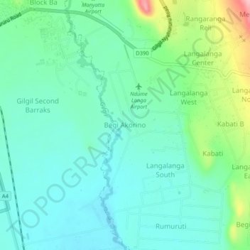 Mappa topografica Begi Akorino, altitudine, rilievo