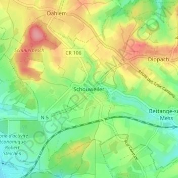 Mappa topografica Schouweiler, altitudine, rilievo