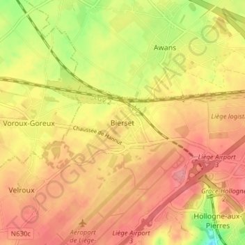 Mappa topografica Bierset, altitudine, rilievo