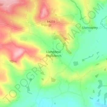 Mappa topografica Llanddewi Rhydderch, altitudine, rilievo