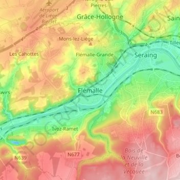 Mappa topografica Flémalle, altitudine, rilievo