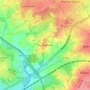 Mappa topografica South Weald, altitudine, rilievo