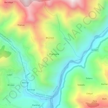 Mappa topografica Chamyana, altitudine, rilievo