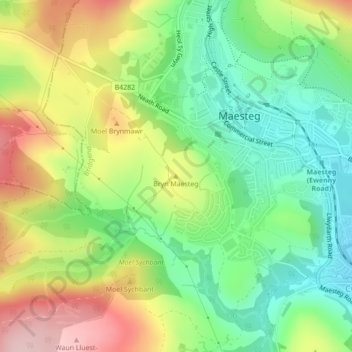 Mappa topografica Bryn Maesteg, altitudine, rilievo