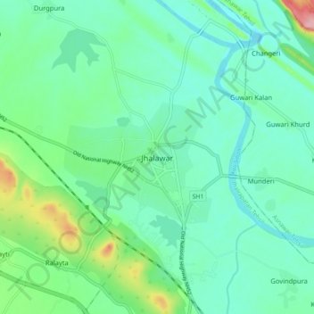 Mappa topografica Jhalawar, altitudine, rilievo