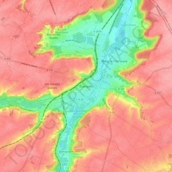 Mappa topografica Étampes, altitudine, rilievo