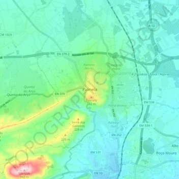 Mappa topografica Palmela, altitudine, rilievo