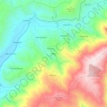 Mappa topografica Piães, altitudine, rilievo