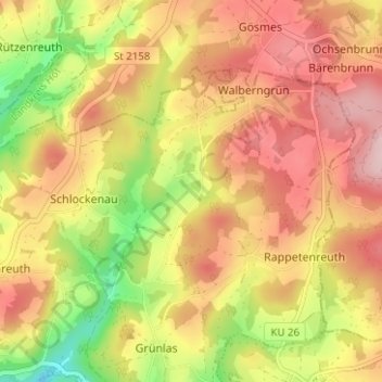 Mappa topografica Hüttenbach, altitudine, rilievo